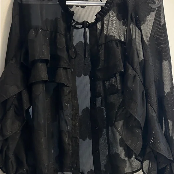 Chic Black Ruffle Sheer Blouse - Picture 4 of 5